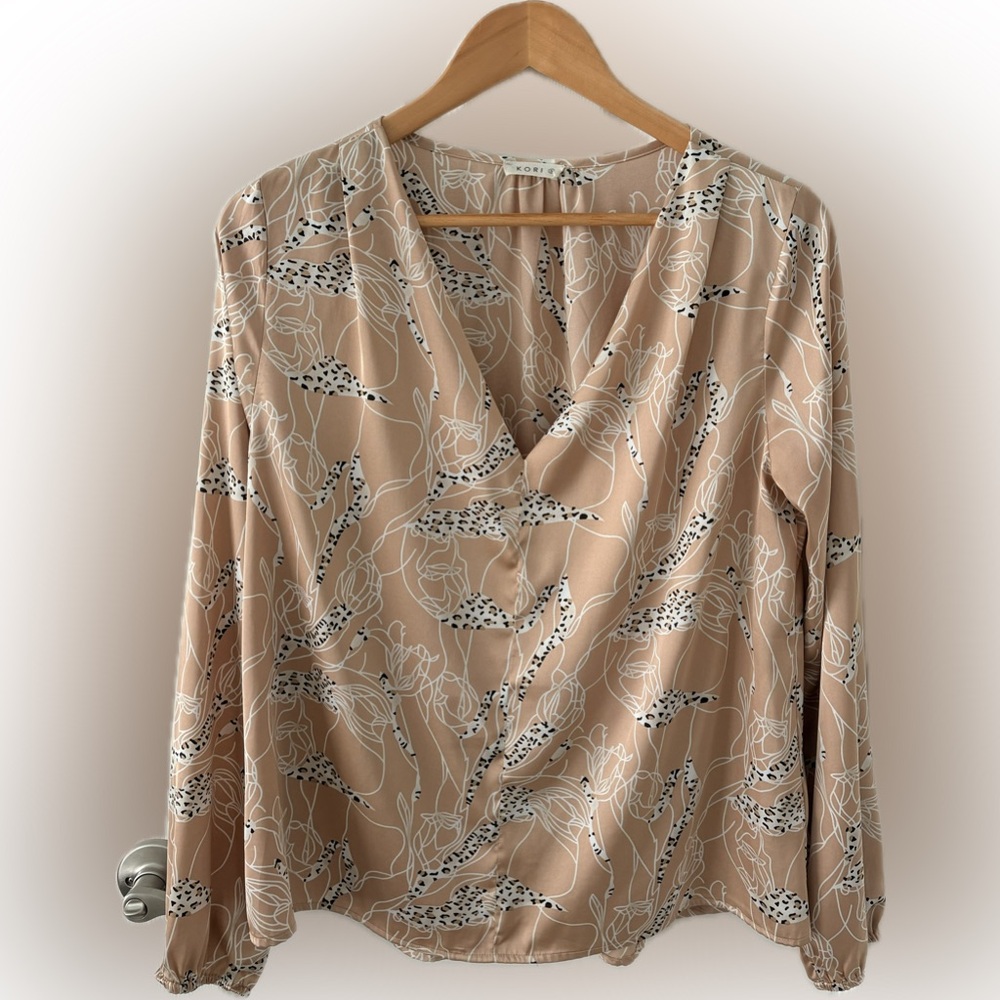 Kori Beige Floral-Print Surplice Blouse with Leopard Print Accents